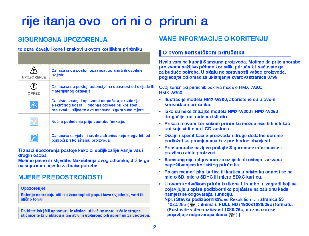 Samsung HMX-W300YP/EDC manual Prije čitanja ovog korisničkog priručnika, Sigurnosna Upozorenja, Mjere Predostrožnosti 