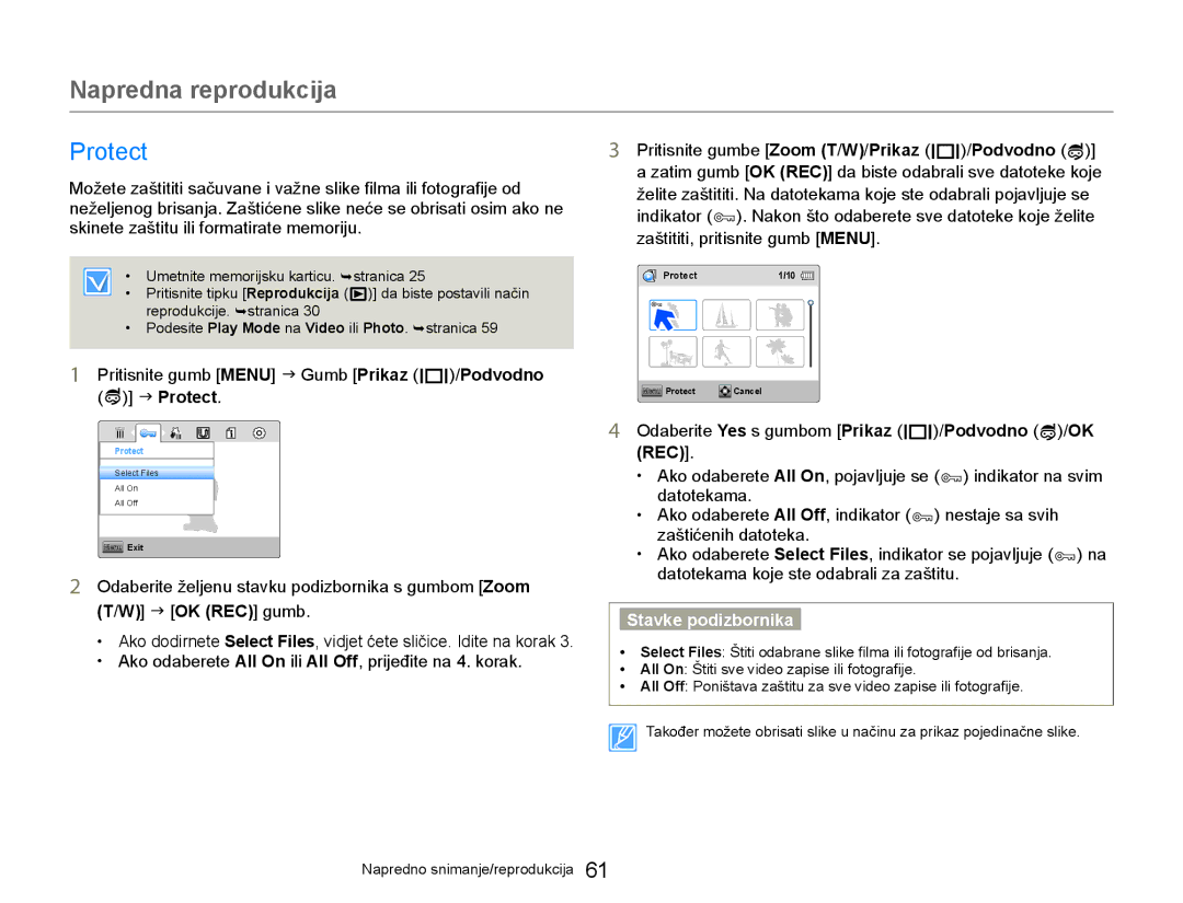 Samsung HMX-W300YP/EDC manual Pritisnite gumb Menu J Gumb Prikaz /Podvodno J Protect 