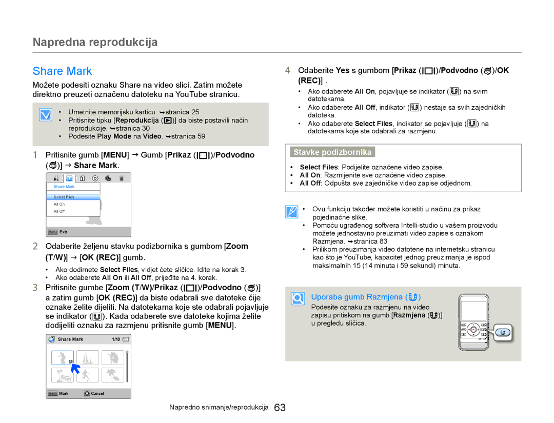 Samsung HMX-W300YP/EDC manual Pritisnite gumb Menu J Gumb Prikaz /Podvodno J Share Mark, Uporaba gumb Razmjena 