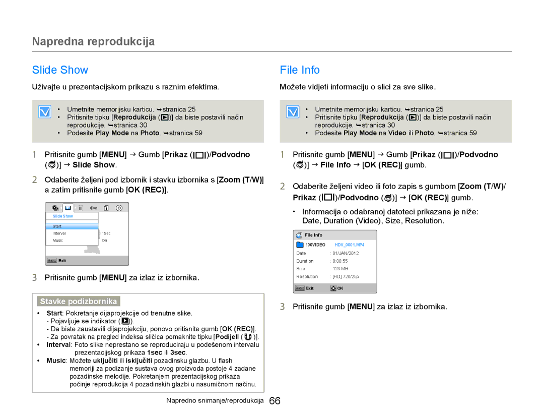 Samsung HMX-W300YP/EDC manual Slide Show File Info, Uživajte u prezentacijskom prikazu s raznim efektima 