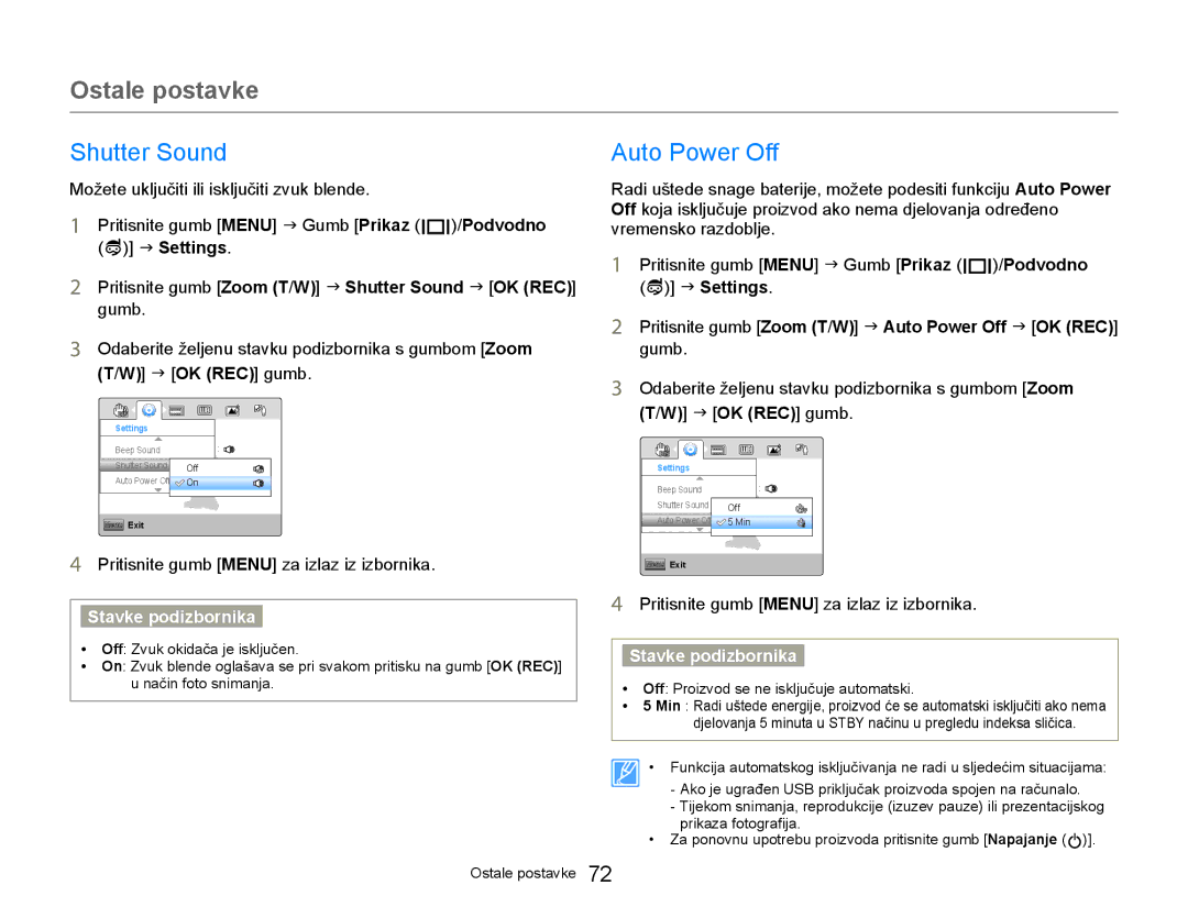 Samsung HMX-W300YP/EDC manual Shutter Sound, Auto Power Off, Možete uključiti ili isključiti zvuk blende 