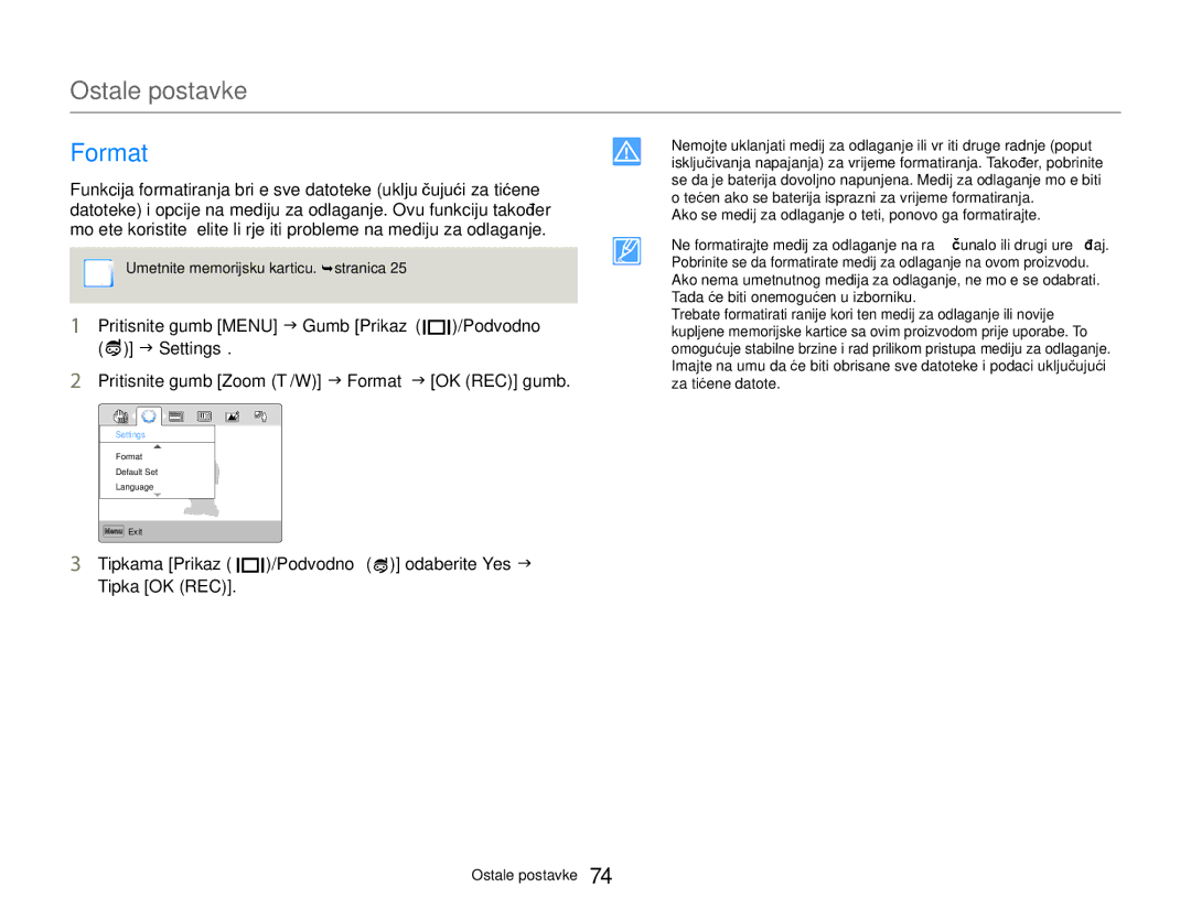 Samsung HMX-W300YP/EDC manual Pritisnite gumb Zoom T/W J Format J OK REC gumb 