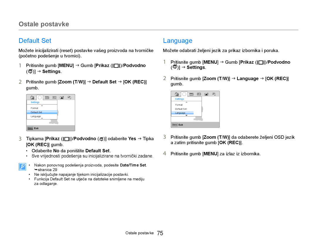 Samsung HMX-W300YP/EDC manual Default Set Language, Pritisnite gumb Zoom T/W J Language J OK REC gumb 