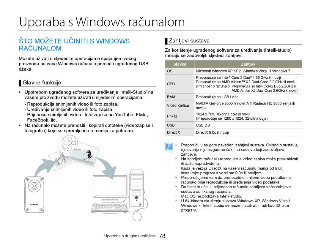 Samsung HMX-W300YP/EDC manual Uporaba s Windows računalom, ŠTO Možete Učiniti S Windows Računalom, Glavne funkcije 