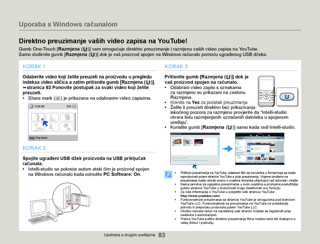 Samsung HMX-W300YP/EDC manual Direktno preuzimanje vaših video zapisa na YouTube 