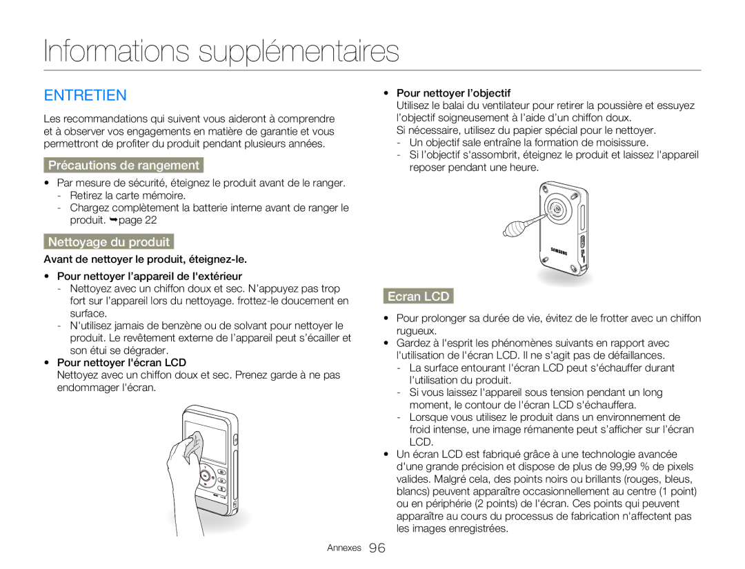 Samsung HMX-W300BP/EDC Informations supplémentaires, Entretien, Précautions de rangement, Nettoyage du produit, Ecran LCD 