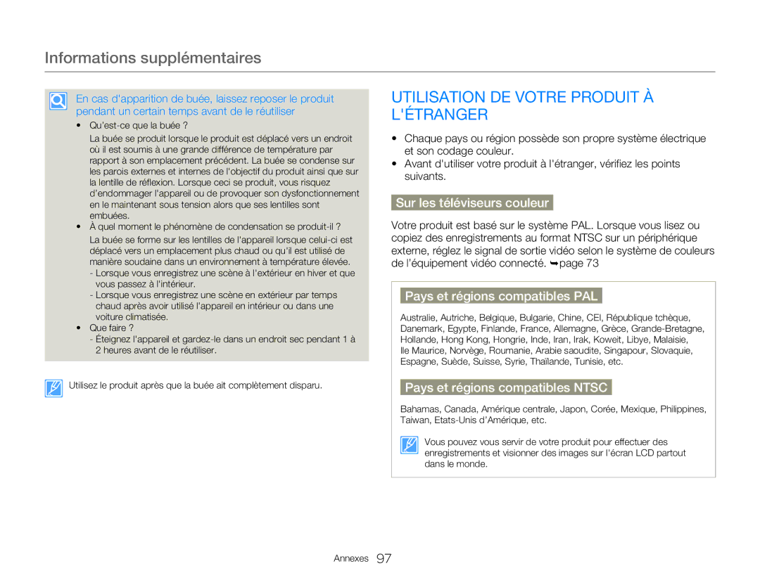 Samsung HMX-W300YP/EDC Informations supplémentaires, Utilisation DE Votre Produit À Létranger, Sur les téléviseurs couleur 