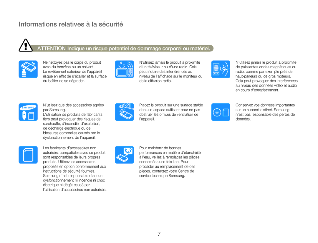 Samsung HMX-W300YP/EDC, HMX-W350RP/EDC, HMX-W300RP/EDC, HMX-W350BP/EDC, HMX-W350YP/EDC Informations relatives à la sécurité 
