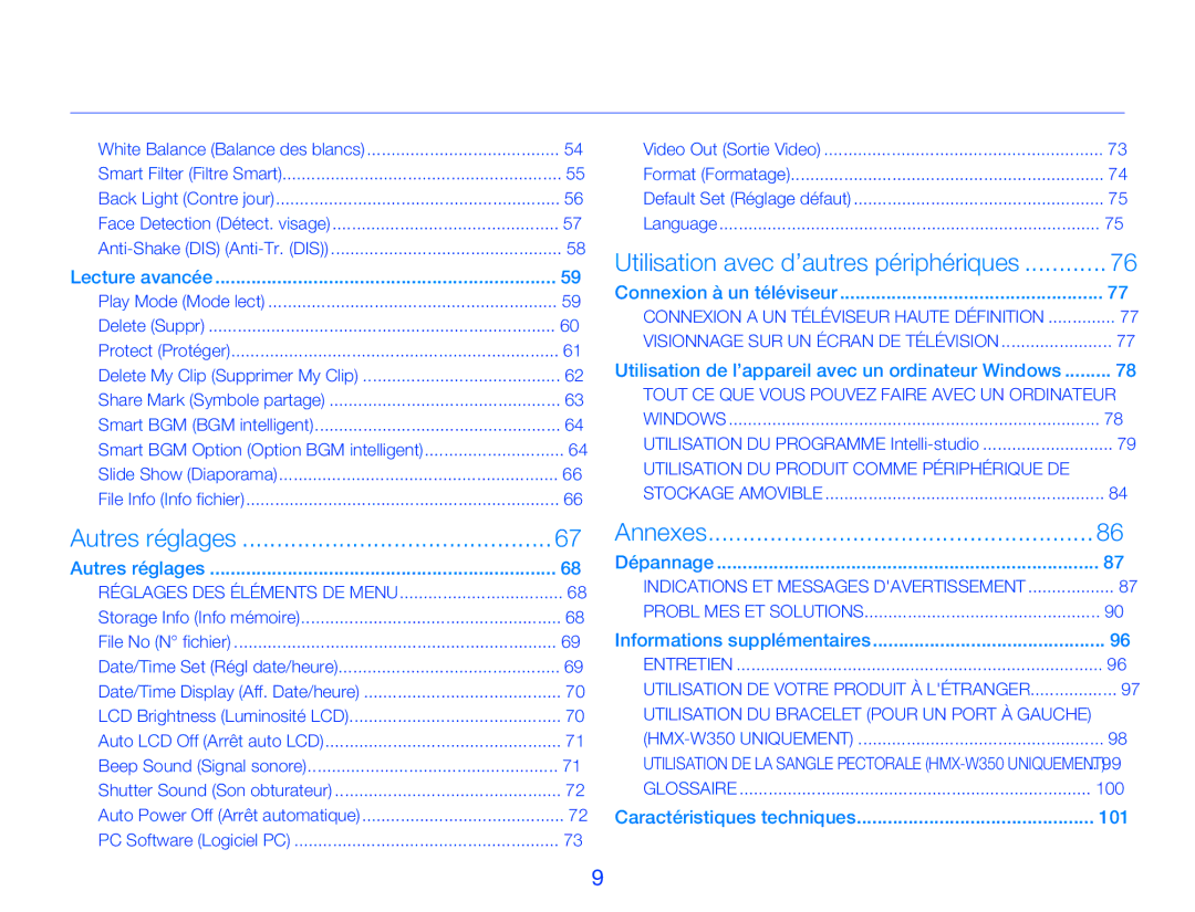 Samsung HMX-W300RP/EDC Contenu, Utilisation de l’appareil avec un ordinateur Windows, 100, Caractéristiques techniques 101 