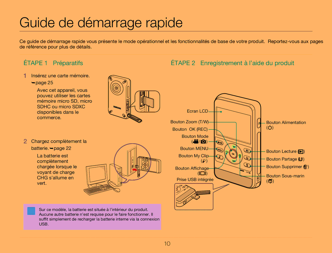 Samsung HMX-W350BP/EDC, HMX-W350RP/EDC, HMX-W300RP/EDC, HMX-W350YP/EDC manual Guide de démarrage rapide, Étape 1 Préparatifs 