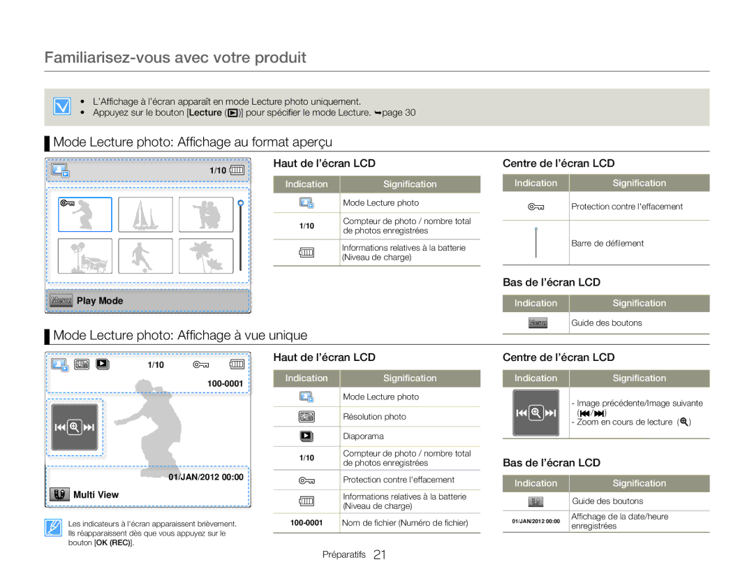 Samsung HMX-W300RP/EDC manual Mode Lecture photo Affichage au format aperçu, Mode Lecture photo Affichage à vue unique 