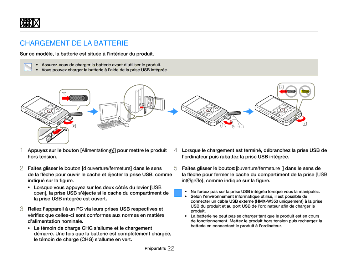 Samsung HMX-W350BP/EDC, HMX-W350RP/EDC, HMX-W300RP/EDC manual Préparatifs pour lenregistrement, Chargement DE LA Batterie 