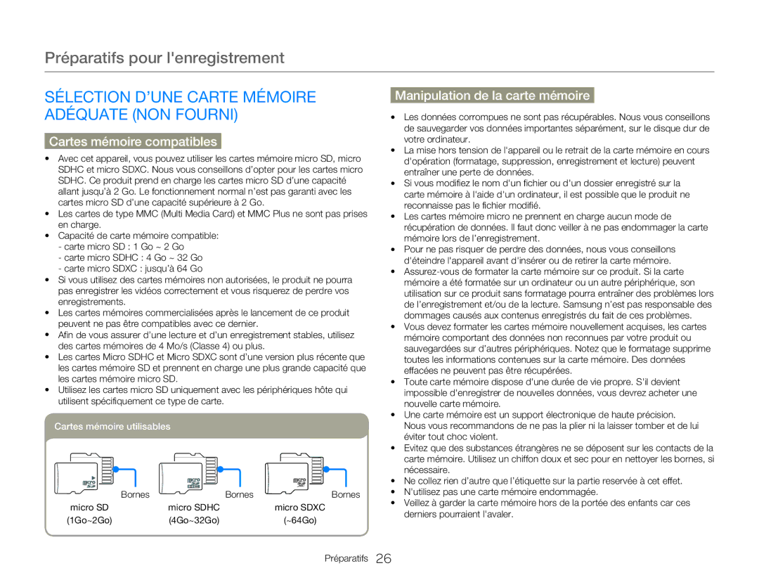 Samsung HMX-W350RP/EDC, HMX-W300RP/EDC manual Sélection D’UNE Carte Mémoire Adéquate NON Fourni, Cartes mémoire compatibles 