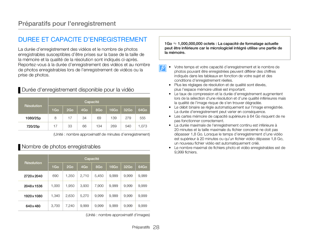 Samsung HMX-W350BP/EDC, HMX-W350RP/EDC Duree ET Capacite D’ENREGISTREMENT, Durée denregistrement disponible pour la vidéo 