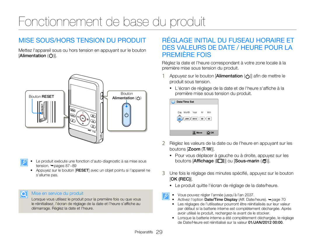 Samsung HMX-W350YP/EDC Fonctionnement de base du produit, Mise SOUS/HORS Tension DU Produit, Mise en service du produit 