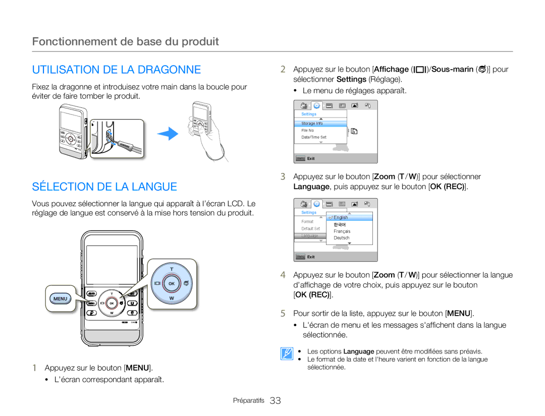 Samsung HMX-W300RP/EDC, HMX-W350RP/EDC manual Utilisation DE LA Dragonne, Sélection DE LA Langue, Appuyez sur le bouton Menu 