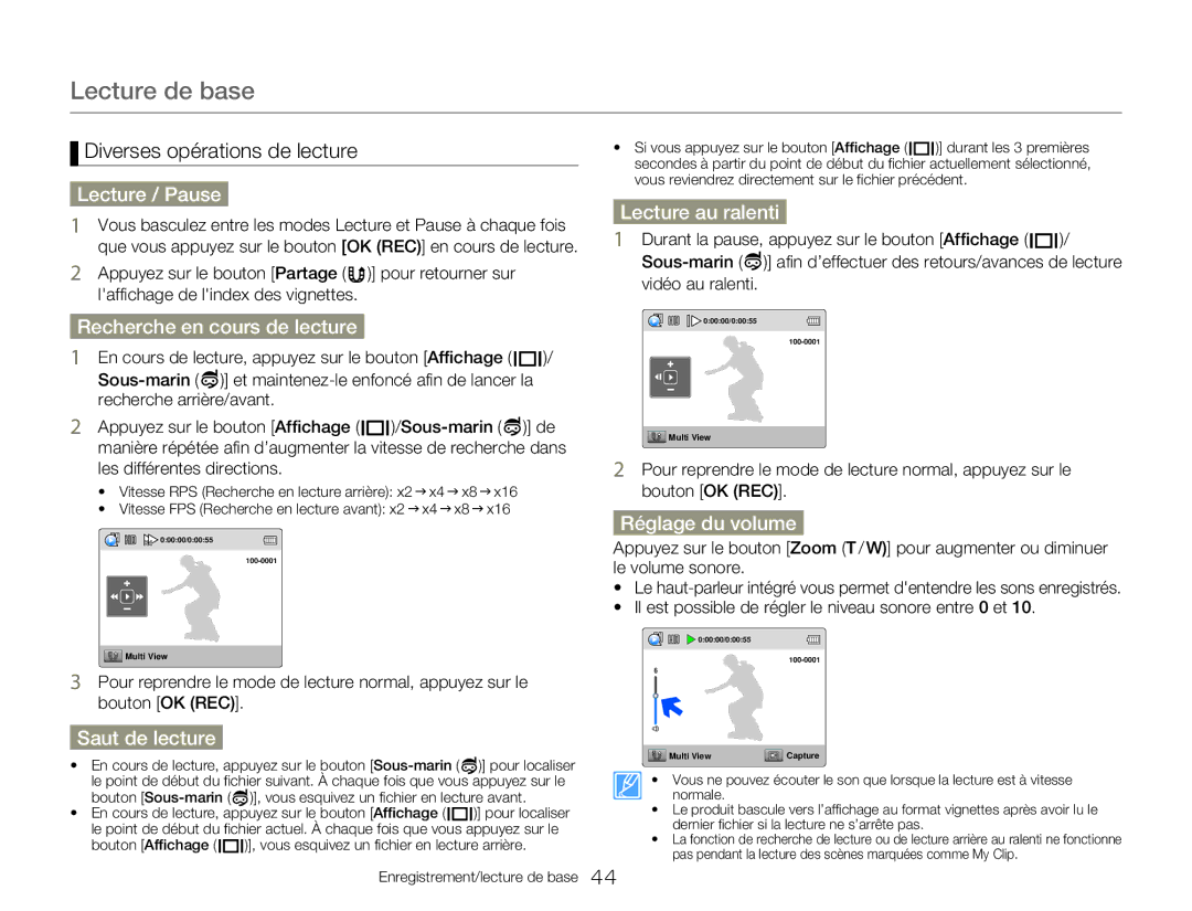 Samsung HMX-W350RP/EDC, HMX-W300RP/EDC Lecture / Pause, Recherche en cours de lecture, Saut de lecture, Lecture au ralenti 