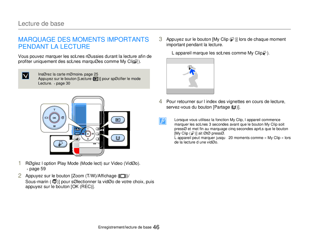 Samsung HMX-W350BP/EDC, HMX-W350RP/EDC Marquage DES Moments Importants, Pendant LA Lecture, Important pendant la lecture 