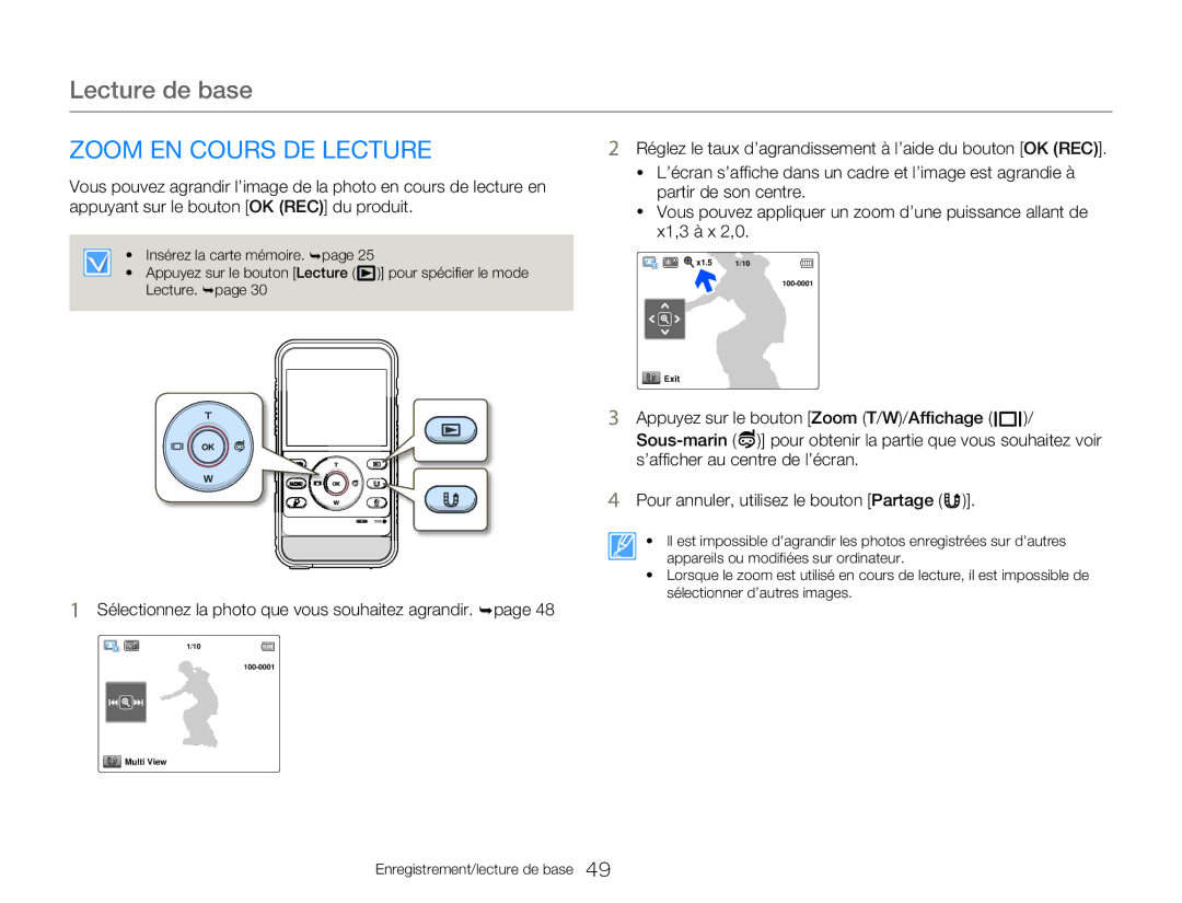 Samsung HMX-W300YP/EDC, HMX-W350RP/EDC Zoom EN Cours DE Lecture, Sélectionnez la photo que vous souhaitez agrandir. ¬page 