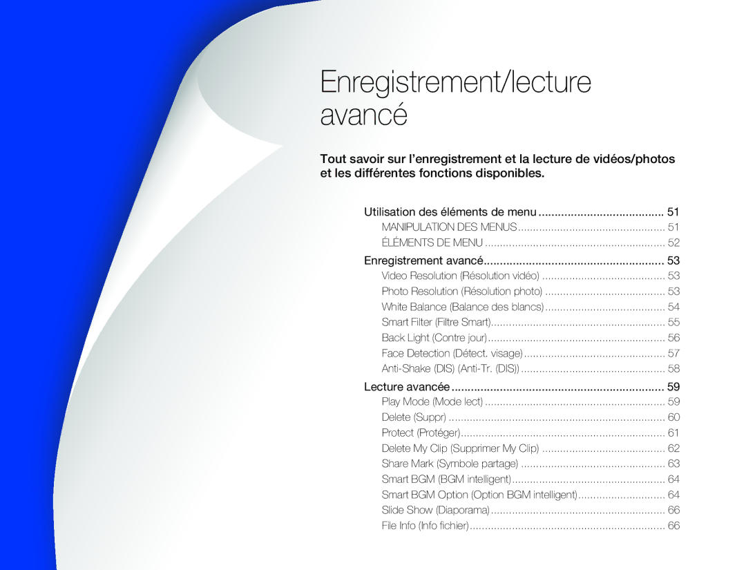 Samsung HMX-W350RP/EDC, HMX-W300RP/EDC, HMX-W350BP/EDC manual Enregistrement/lecture Avancé, Utilisation des éléments de menu 