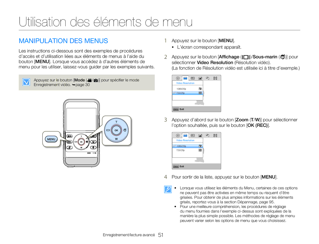 Samsung HMX-W300RP/EDC, HMX-W350RP/EDC, HMX-W350BP/EDC manual Utilisation des éléments de menu, Manipulation DES Menus 