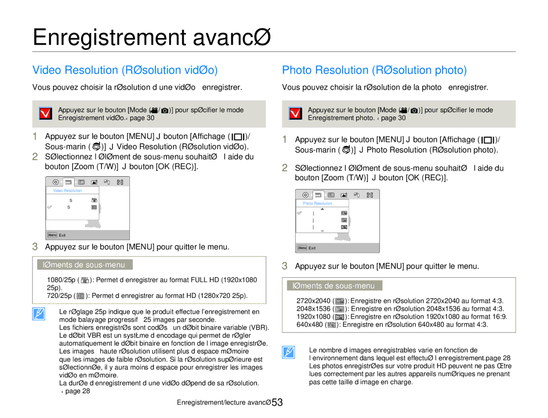 Samsung HMX-W350YP/EDC manual Enregistrement avancé, Video Resolution Résolution vidéo, Photo Resolution Résolution photo 