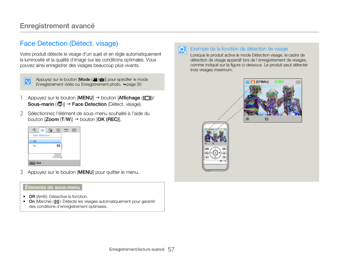 Samsung HMX-W300RP/EDC, HMX-W350RP/EDC manual Face Detection Détect. visage, Exemple de la fonction de détection de visage 