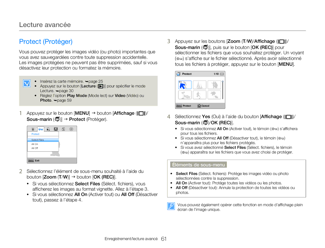 Samsung HMX-W300YP/EDC, HMX-W350RP/EDC manual Protect Protéger, Vous avez sauvegardées contre toute suppression accidentelle 