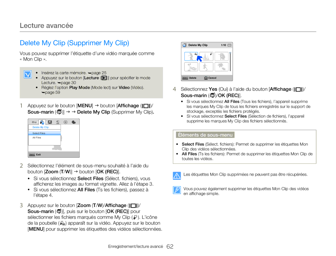 Samsung HMX-W350RP/EDC, HMX-W300RP/EDC, HMX-W350BP/EDC, HMX-W350YP/EDC, HMX-W300BP/EDC manual Delete My Clip Supprimer My Clip 