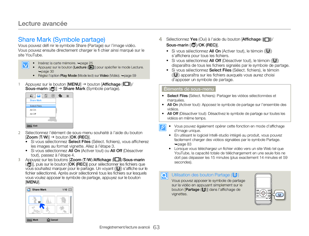 Samsung HMX-W300RP/EDC, HMX-W350RP/EDC, HMX-W350BP/EDC manual Share Mark Symbole partage, Utilisation des bouton Partage 