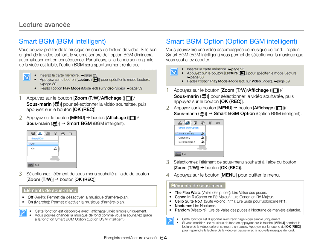 Samsung HMX-W350BP/EDC, HMX-W350RP/EDC, HMX-W300RP/EDC Smart BGM BGM intelligent, Smart BGM Option Option BGM intelligent 