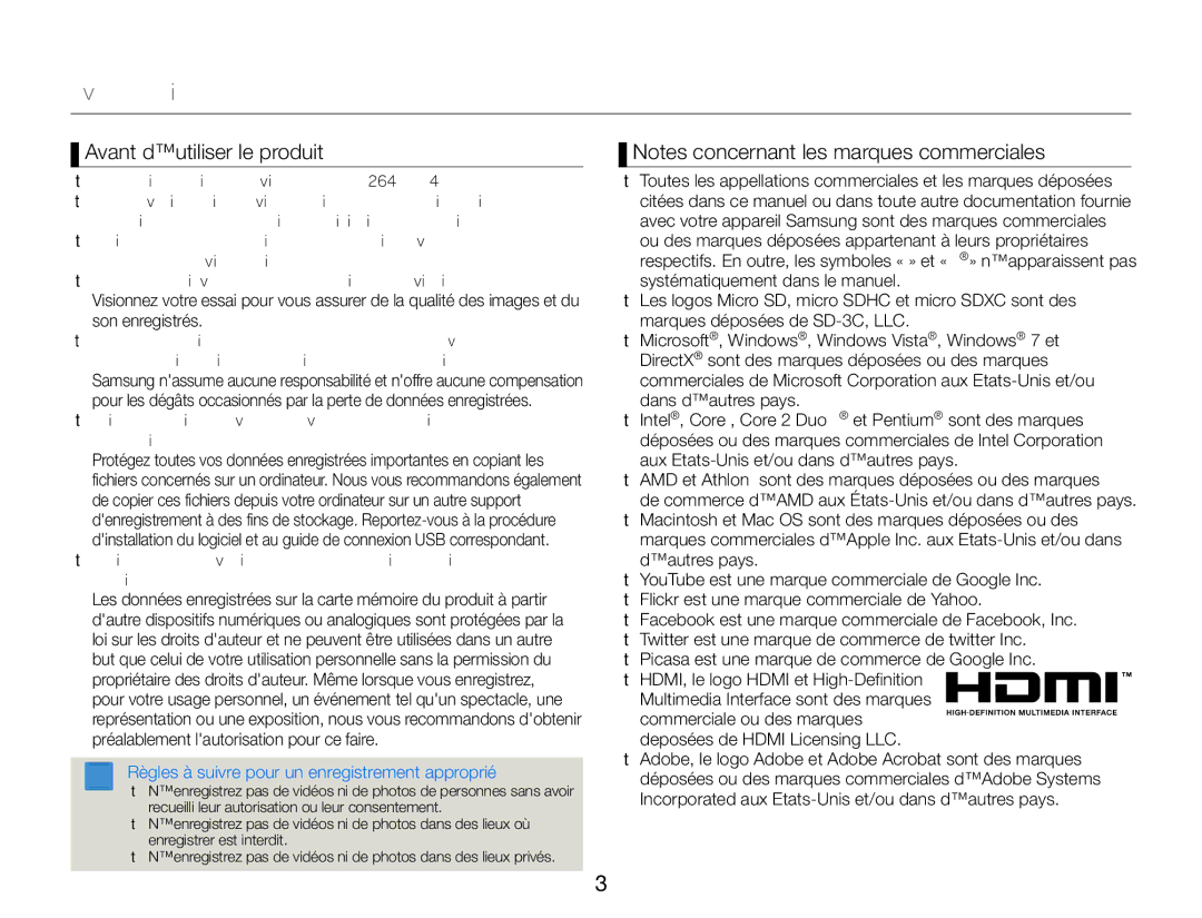 Samsung HMX-W300RP/EDC, HMX-W350RP/EDC, HMX-W350BP/EDC, HMX-W350YP/EDC Avant de lire ce manuel, Avant d’utiliser le produit 