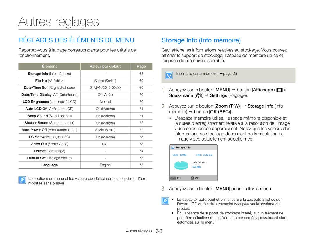 Samsung HMX-W350RP/EDC, HMX-W300RP/EDC Réglages DES Éléments DE Menu, Storage Info Info mémoire, Élément Valeur par défaut 