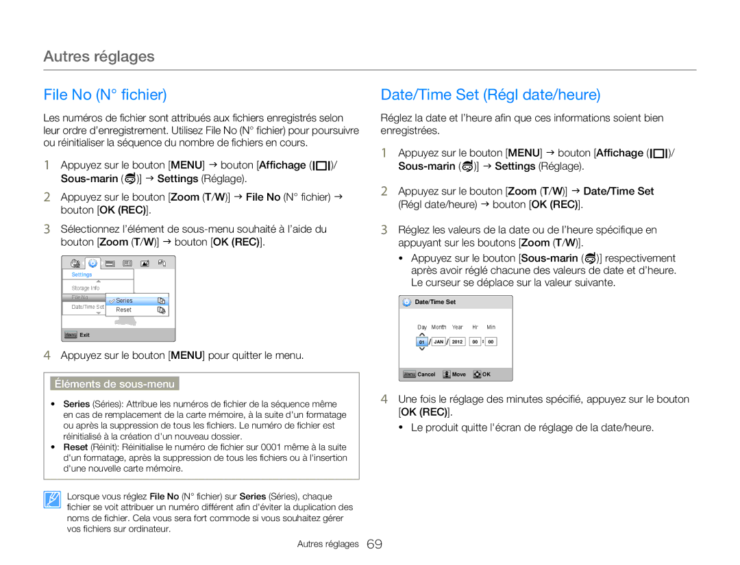 Samsung HMX-W300RP/EDC, HMX-W350RP/EDC, HMX-W350BP/EDC Autres réglages, File No N fichier, Date/Time Set Régl date/heure 