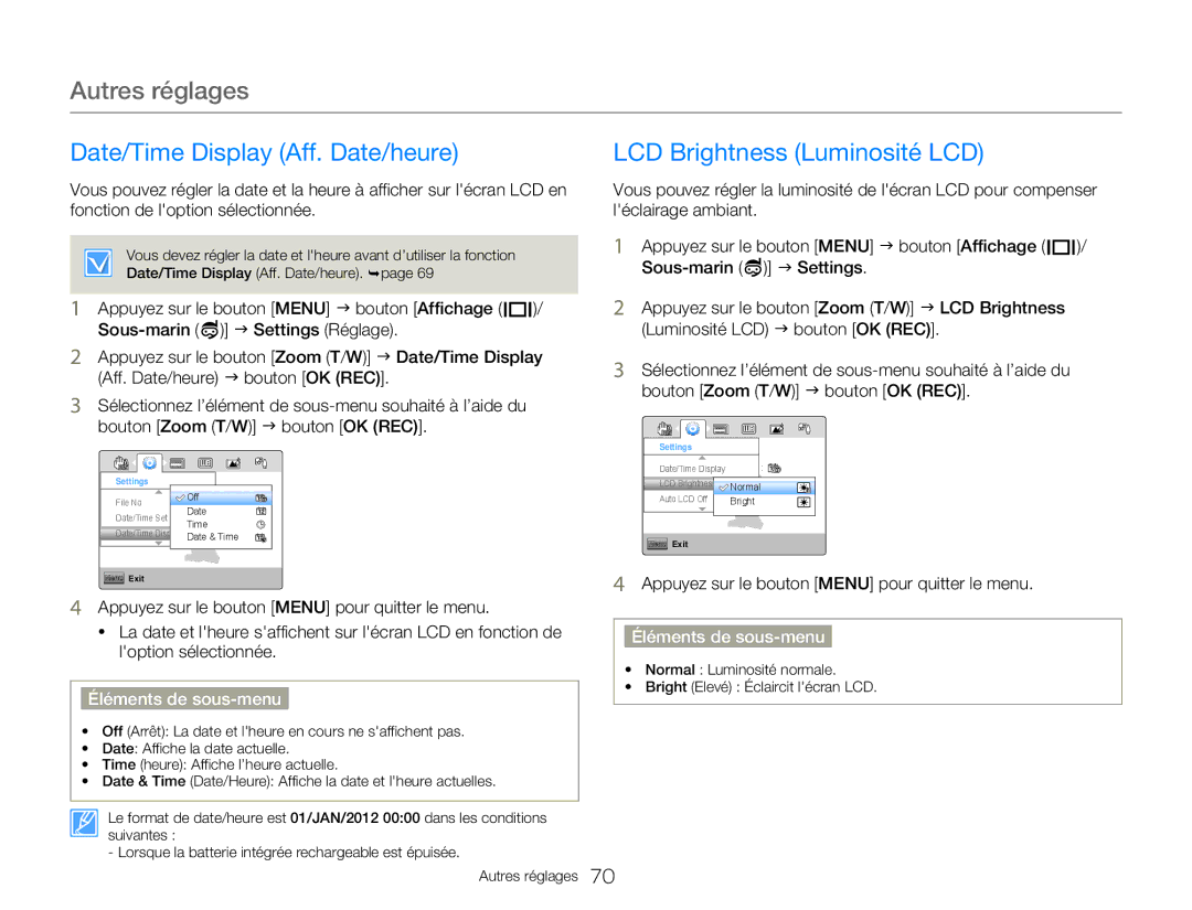 Samsung HMX-W350BP/EDC, HMX-W350RP/EDC, HMX-W300RP/EDC Date/Time Display Aff. Date/heure, LCD Brightness Luminosité LCD 