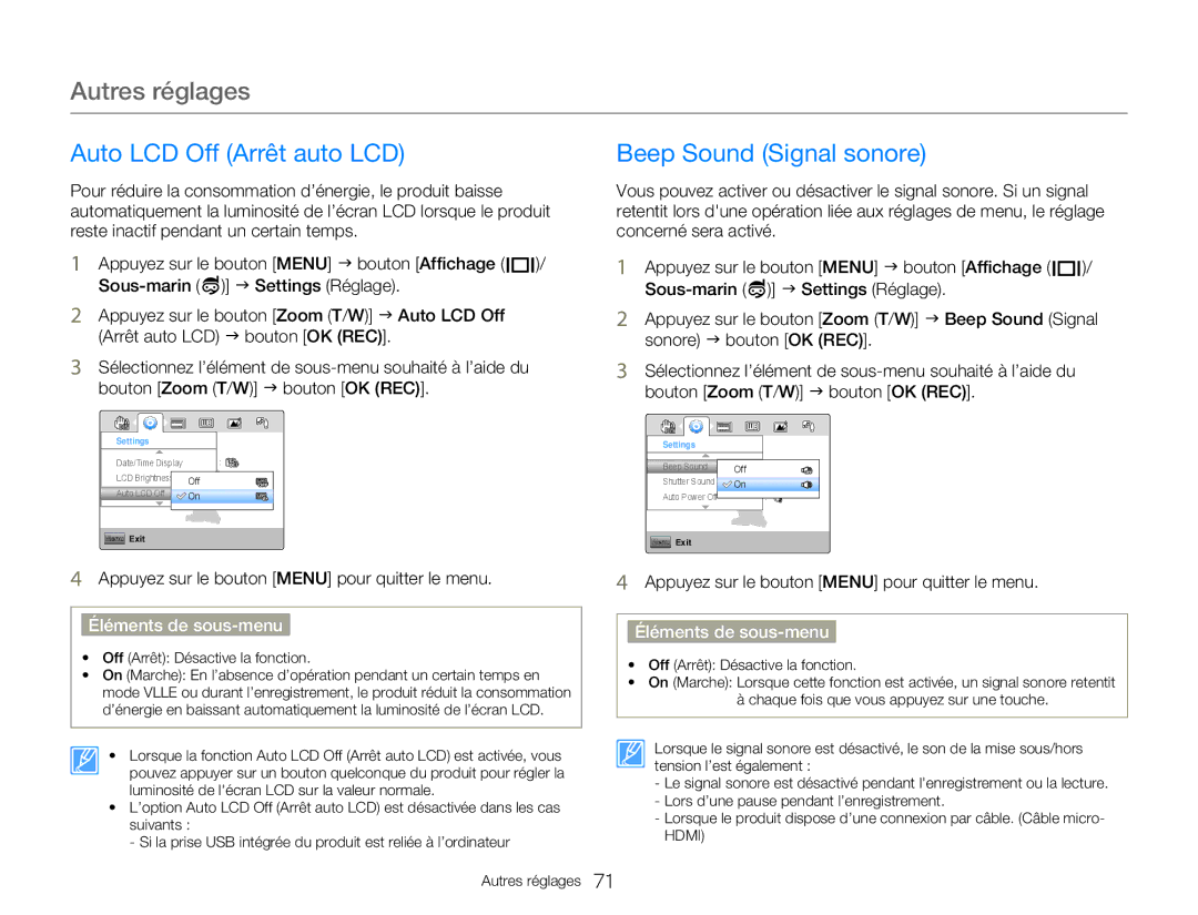 Samsung HMX-W350YP/EDC, HMX-W350RP/EDC, HMX-W300RP/EDC, HMX-W350BP/EDC Auto LCD Off Arrêt auto LCD, Beep Sound Signal sonore 