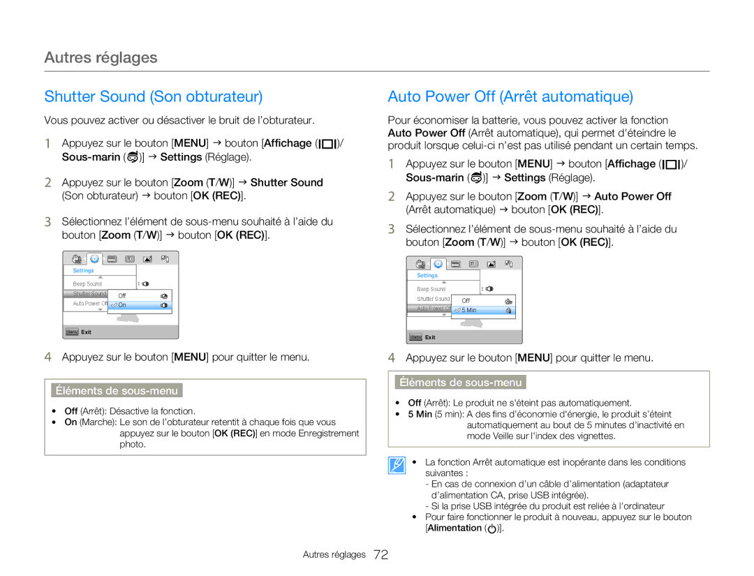 Samsung HMX-W300BP/EDC, HMX-W350RP/EDC, HMX-W300RP/EDC manual Shutter Sound Son obturateur, Auto Power Off Arrêt automatique 