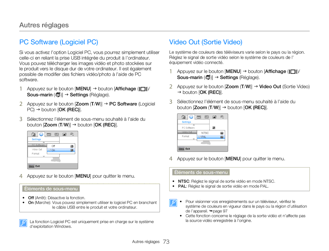 Samsung HMX-W300YP/EDC, HMX-W350RP/EDC, HMX-W300RP/EDC, HMX-W350BP/EDC manual PC Software Logiciel PC, Video Out Sortie Video 