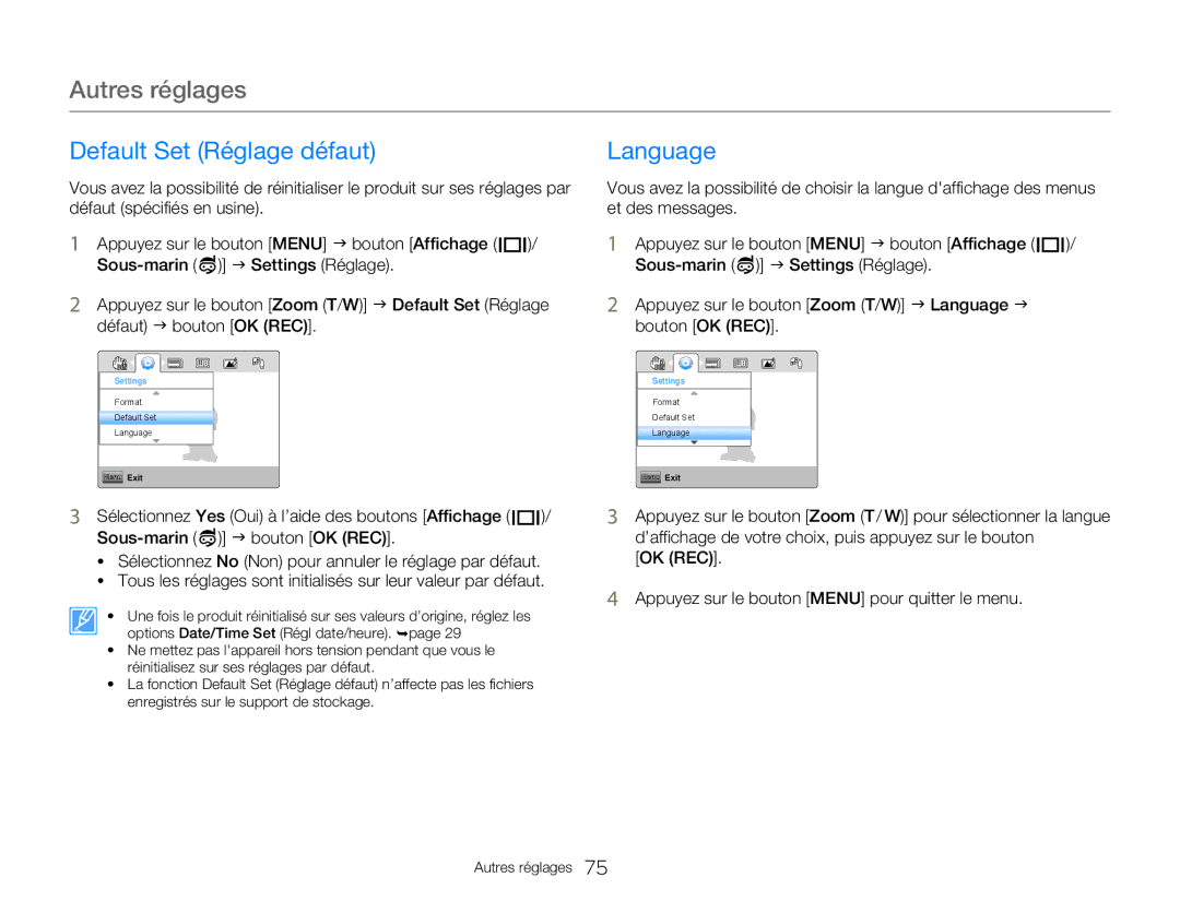 Samsung HMX-W300RP/EDC, HMX-W350RP/EDC, HMX-W350BP/EDC, HMX-W350YP/EDC, HMX-W300BP/EDC Default Set Réglage défaut, Language 