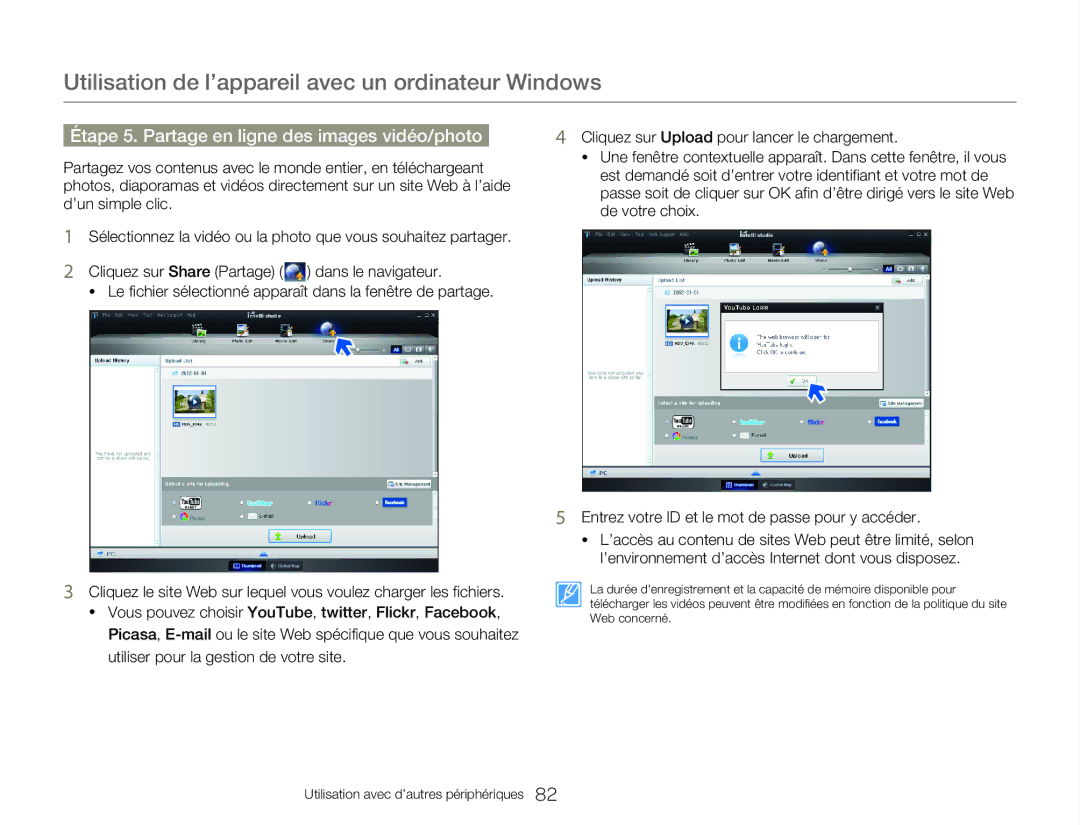 Samsung HMX-W350BP/EDC, HMX-W350RP/EDC, HMX-W300RP/EDC, HMX-W350YP/EDC manual Étape 5. Partage en ligne des images vidéo/photo 