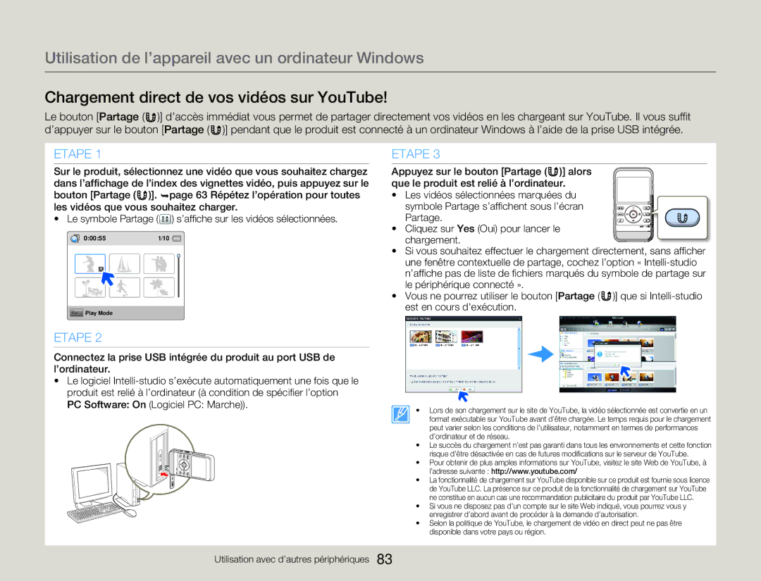 Samsung HMX-W350YP/EDC, HMX-W350RP/EDC, HMX-W300RP/EDC, HMX-W350BP/EDC manual Chargement direct de vos vidéos sur YouTube 