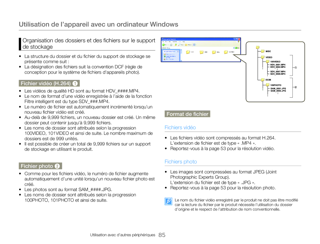 Samsung HMX-W300YP/EDC, HMX-W350RP/EDC, HMX-W300RP/EDC, HMX-W350BP/EDC Fichier vidéo H.264, Format de fichier, Fichier photo 