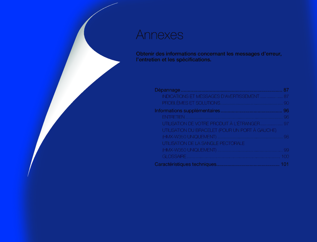 Samsung HMX-W350RP/EDC, HMX-W300RP/EDC, HMX-W350BP/EDC, HMX-W350YP/EDC manual Annexes, Caractéristiques techniques 101 