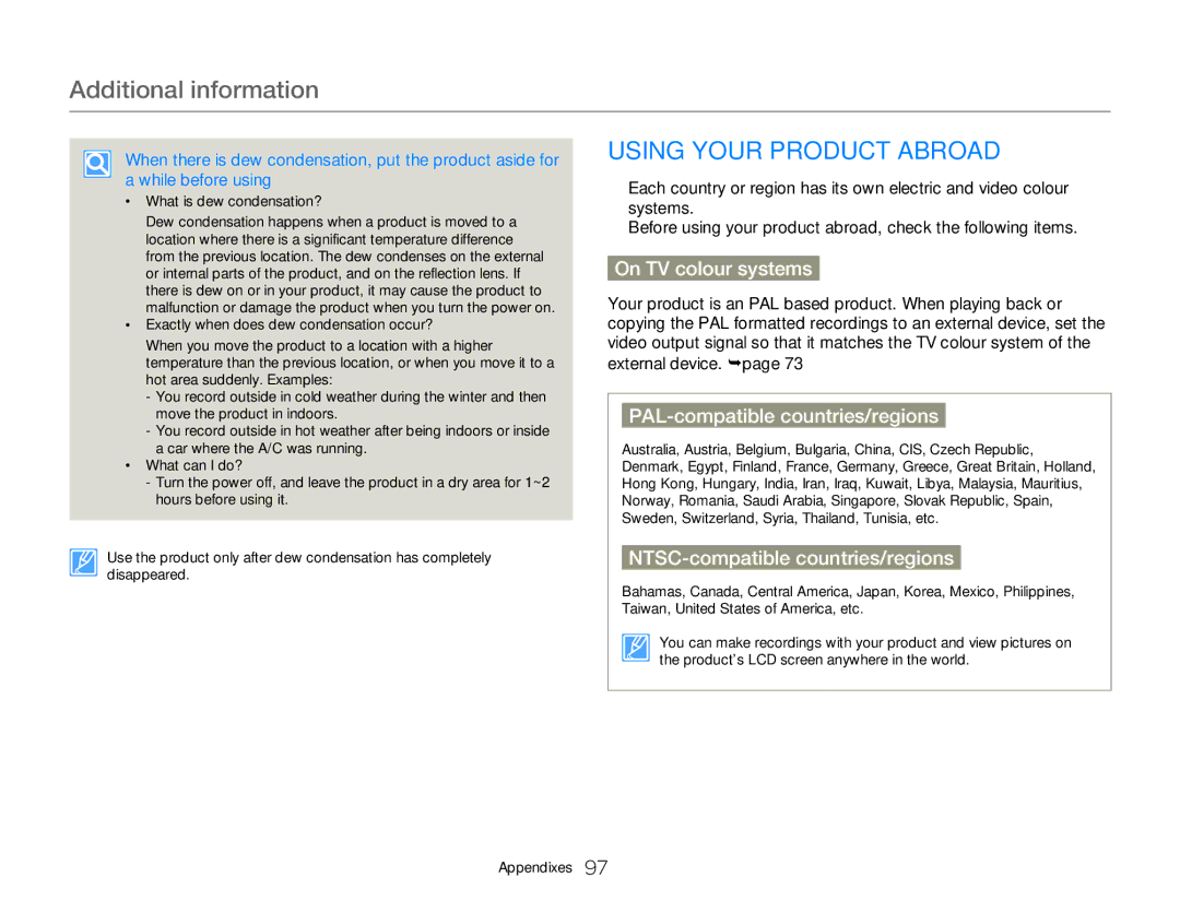 Samsung HMX-W300YP/EDC, HMX-W350RP/EDC manual Additional information, Using Your Product Abroad, On TV colour systems 