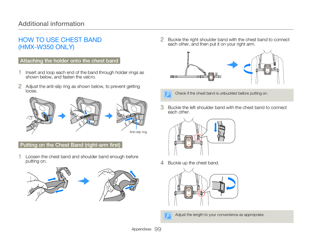 Samsung HMX-W350YP/XER, HMX-W350RP/EDC manual HOW to USE Chest Band HMX-W350 only, Attaching the holder onto the chest band 