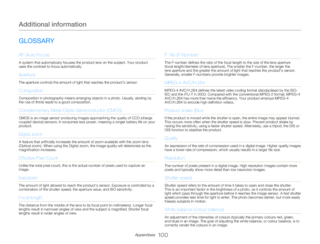 Samsung HMX-W300BP/XER, HMX-W350RP/EDC, HMX-W300RP/EDC, HMX-W350BP/EDC, HMX-W350YP/EDC, HMX-W300BP/EDC Glossary, AF Auto Focus 