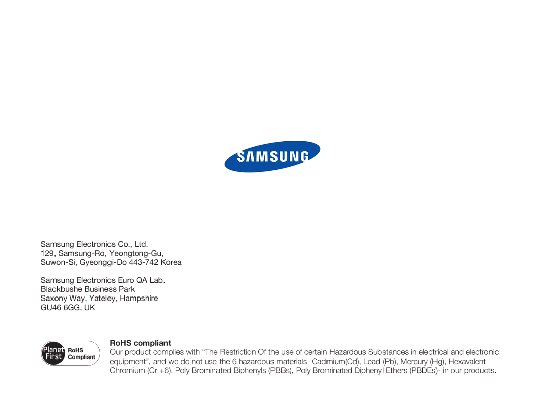 Samsung HMX-W300RP/EDC, HMX-W350RP/EDC, HMX-W350BP/EDC, HMX-W350YP/EDC, HMX-W300BP/EDC, HMX-W300YP/EDC manual RoHS compliant 