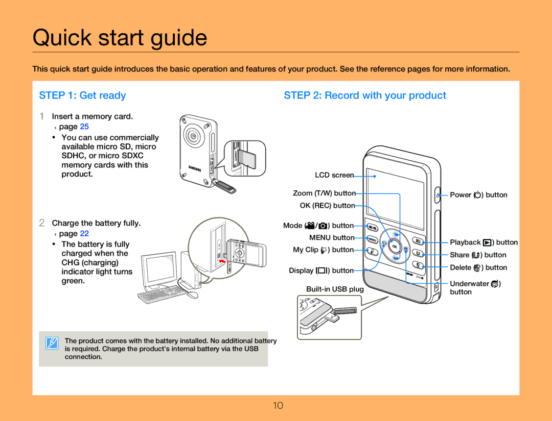 Samsung HMX-W350BP/EDC, HMX-W350RP/EDC, HMX-W300RP/EDC, HMX-W350YP/EDC, HMX-W300BP/EDC manual Quick start guide, Get ready 