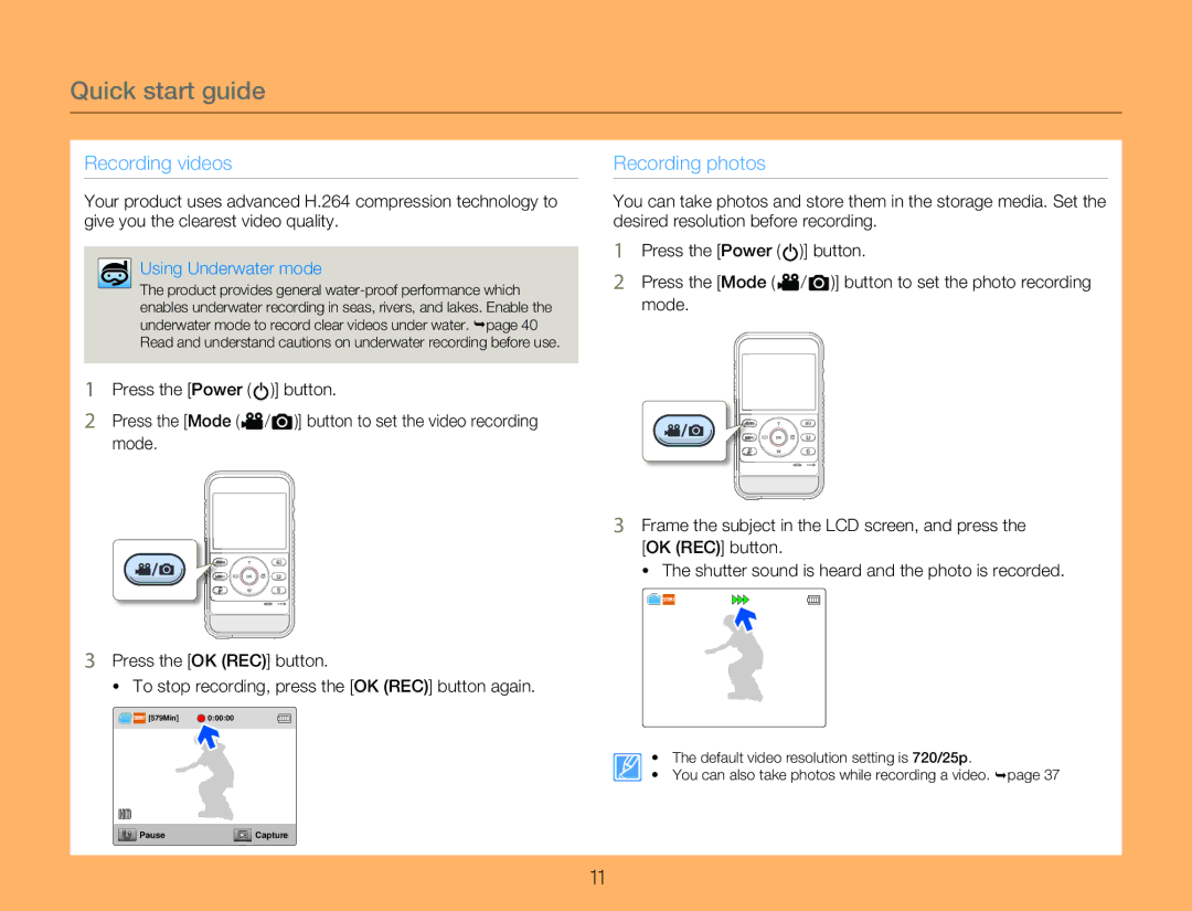 Samsung HMX-W350YP/EDC, HMX-W350RP/EDC, HMX-W300RP/EDC, HMX-W350BP/EDC manual Quick start guide, Using Underwater mode 