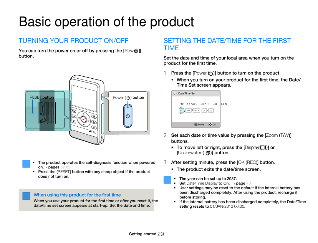 Samsung HMX-W300YP/XER, HMX-W350RP/EDC, HMX-W300RP/EDC manual Basic operation of the product, Turning Your Product ON/OFF 